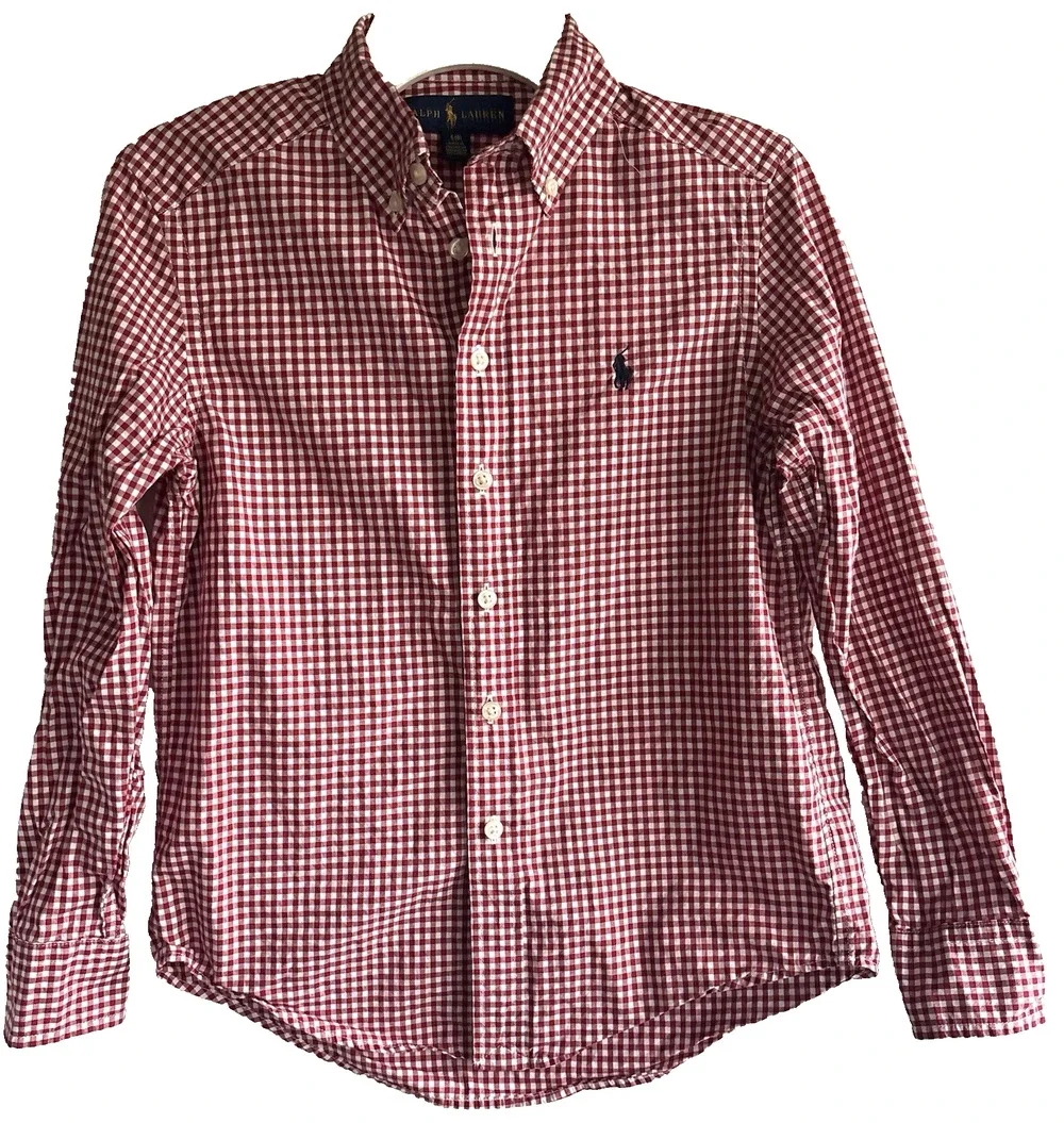 Ralph Lauren Boys Dark Red/White Plaid Button Down Long Sleeve Shirt Size 8